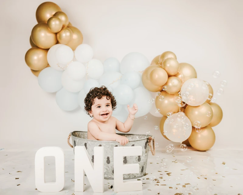 Gold and blue Setup for bubble bath baby photo shoot